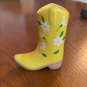 Yellow Ceramic Boot Vase with Floral Design